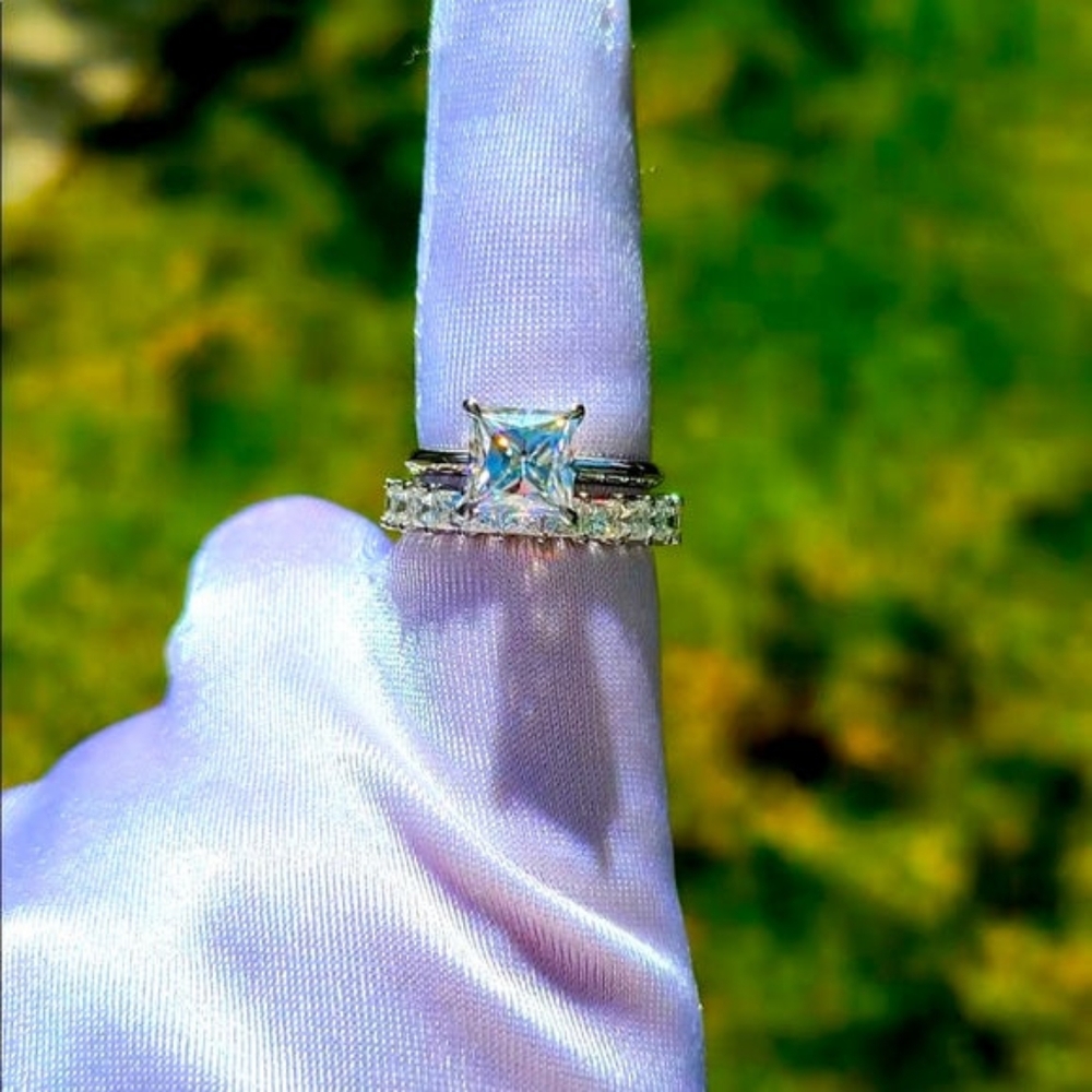Solid 14k gold 3ct princess moissanite ring and princess moissanite eternity set